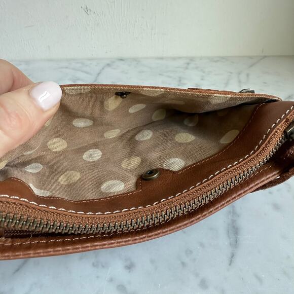 Fossil Genuine Leather Wallet Clutch Buckle Detail Tan Brown Polka Dot Lining - Picture 10 of 14